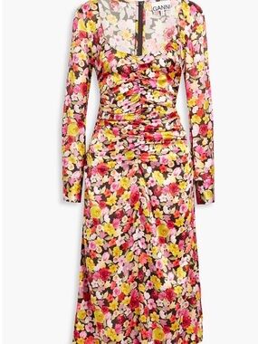 NWT GANNI
Ruched floral-print silk-blend satin midi dress SIZE 20